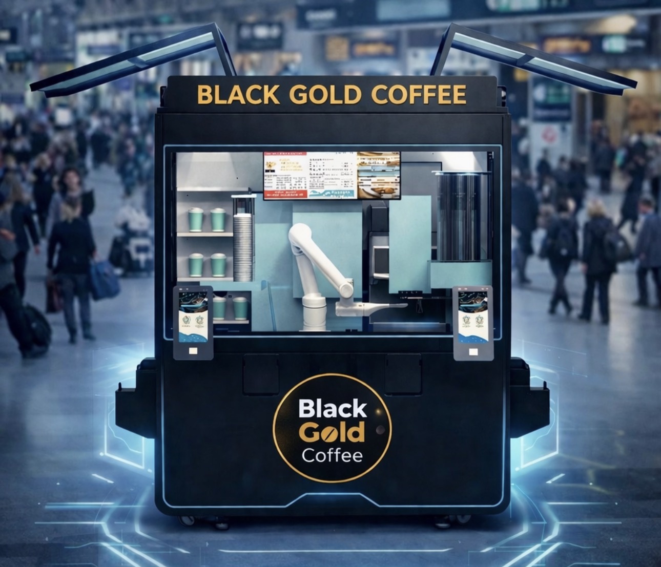 Black Gold Coffee machine displayed in a busy concourse.