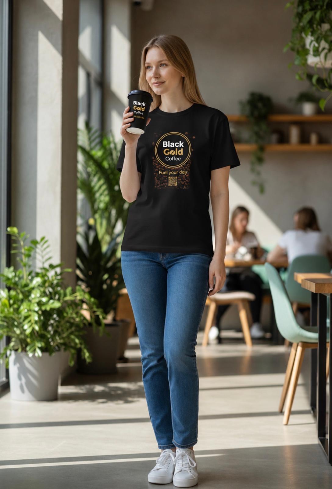 Black Gold Coffee branded T-shirt in a cafe setting.